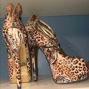Leopard Print Platform Peep-Toe Heels with Gold Strappy Upper